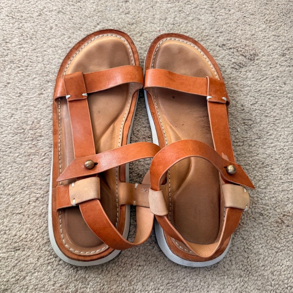 Rag &‎ Bone Leather Flat Sandals Summer 40 Tan Contrast Stitch Stud Ankle Strap